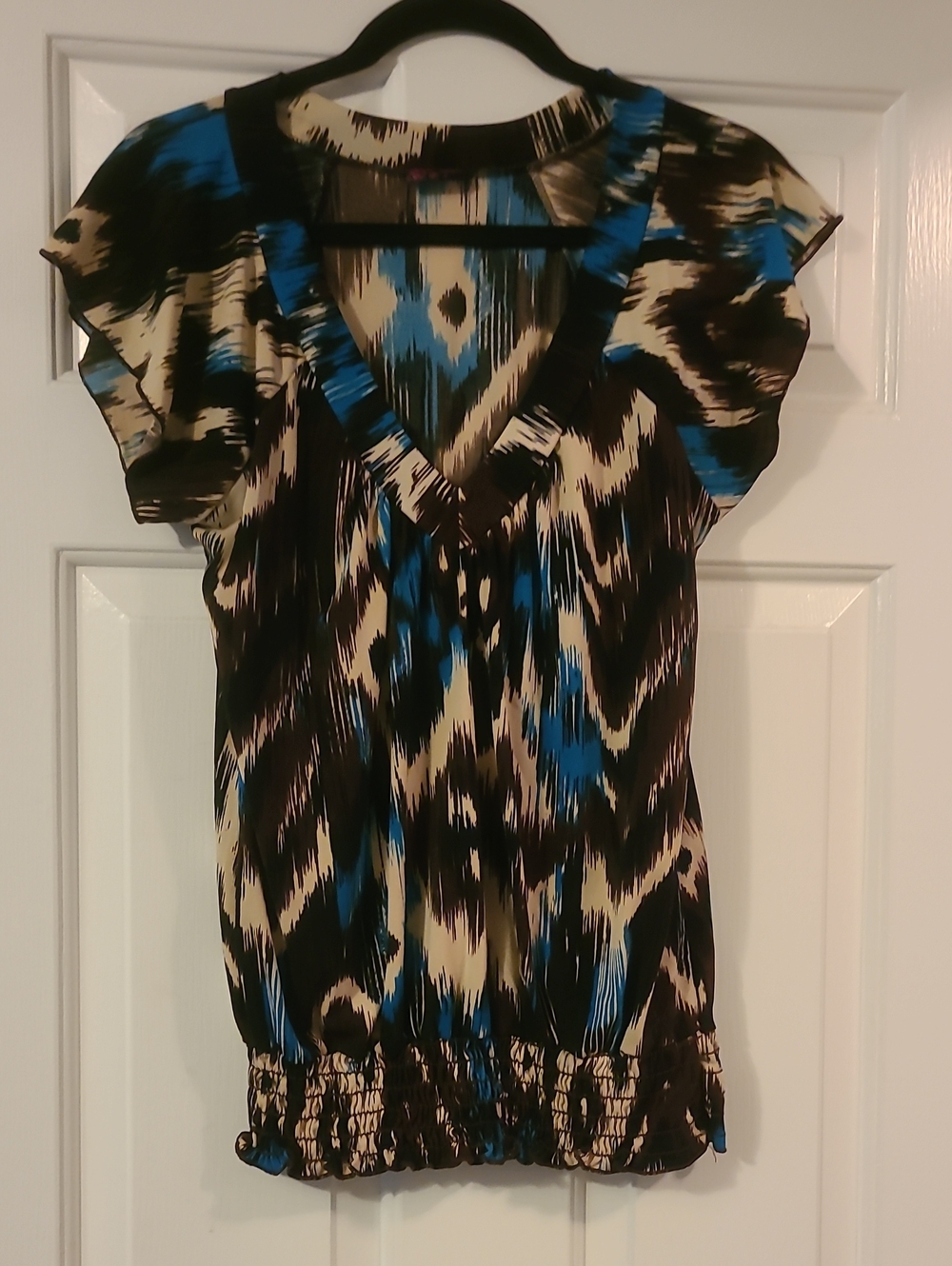 Agenda Blue, Black and Cream Abstract V-Neck Blouse